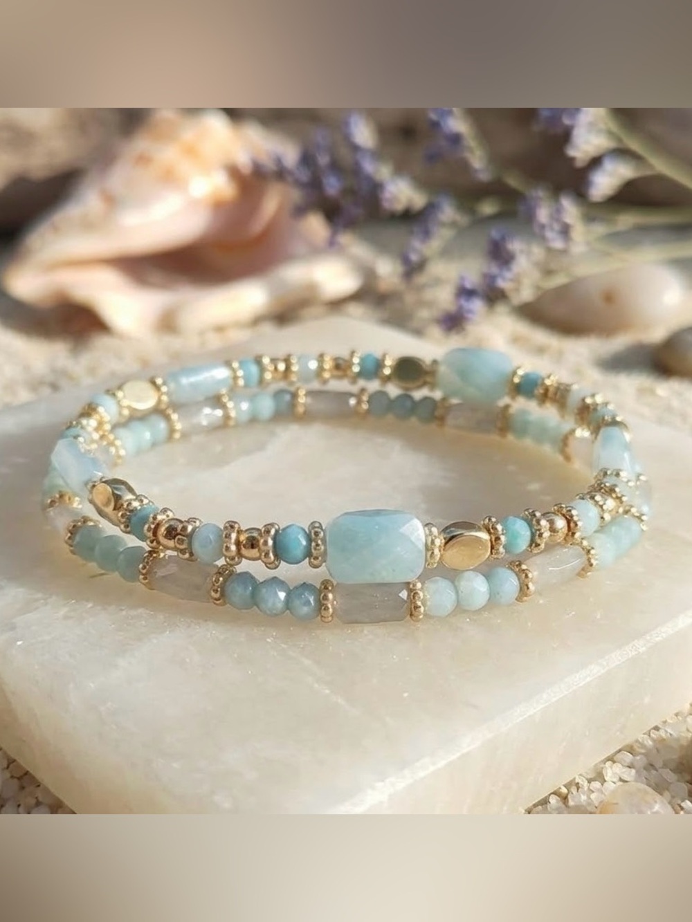 Delicate Aquamarine & Light Blue Beaded Bracelet Set - Gold Accents